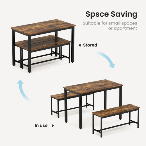 3-Piece Rustic Brown & Black Dining Set, Table & 2 Benches