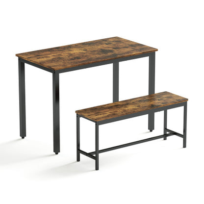 3-Piece Rustic Brown & Black Dining Set, Table & 2 Benches