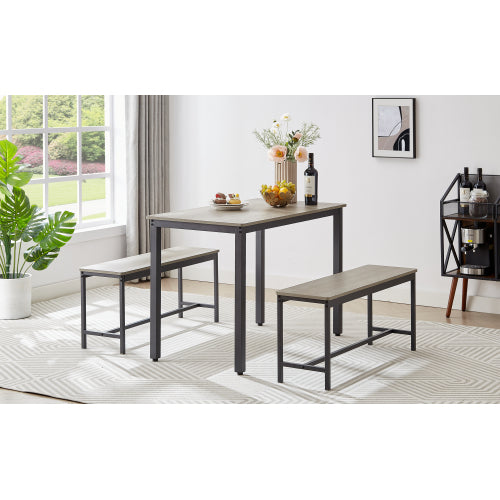 Industrial Dining Table Set with 2 Benches, Rustic Kitchen Table Set for 4, Space Saving Dining Furniture