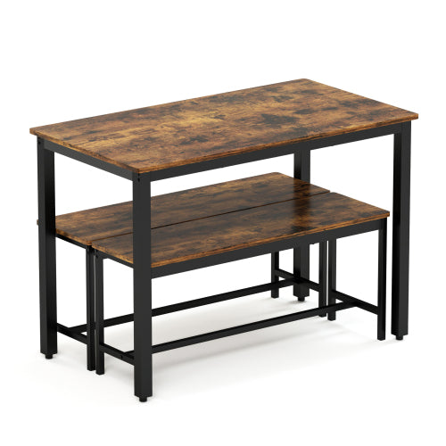 3-Piece Rustic Brown & Black Dining Set, Table & 2 Benches