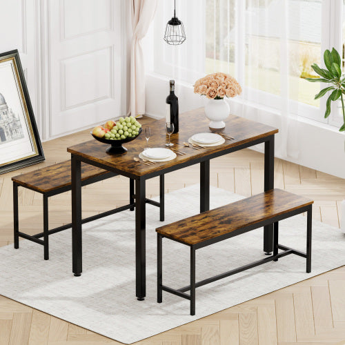 3-Piece Rustic Brown & Black Dining Set, Table & 2 Benches