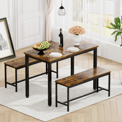 3-Piece Rustic Brown & Black Dining Set, Table & 2 Benches