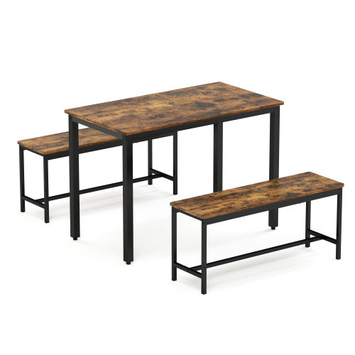 3-Piece Rustic Brown & Black Dining Set, Table & 2 Benches