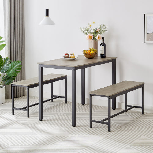 Industrial Dining Table Set with 2 Benches, Rustic Kitchen Table Set for 4, Space Saving Dining Furniture