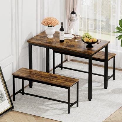 3-Piece Rustic Brown & Black Dining Set, Table & 2 Benches