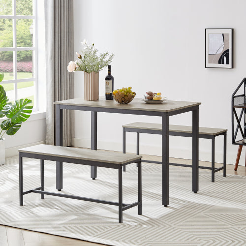 Industrial Dining Table Set with 2 Benches, Rustic Kitchen Table Set for 4, Space Saving Dining Furniture