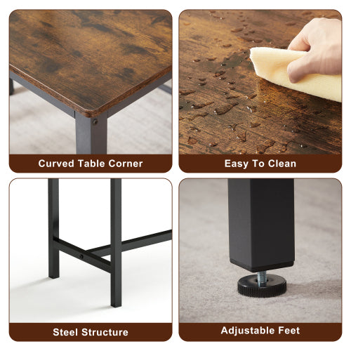 3-Piece Rustic Brown & Black Dining Set, Table & 2 Benches