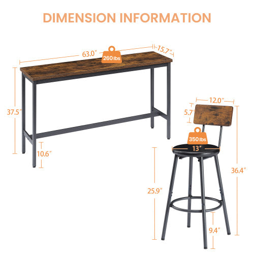 Long Bar Table Set with 3 PU Upholstered Bar Stools, Industrial Bar Table and Chairs for Kitchen Breakfast Table, Living Room, Banquet Hall, Rustic Brown and Black, 63¡åL x15.7inch W x 37.5inch H