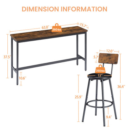 Long Bar Table Set with 3 PU Upholstered Bar Stools, Industrial Bar Table and Chairs for Kitchen Breakfast Table, Living Room, Banquet Hall, Rustic Brown and Black, 63¡åL x15.7inch W x 37.5inch H