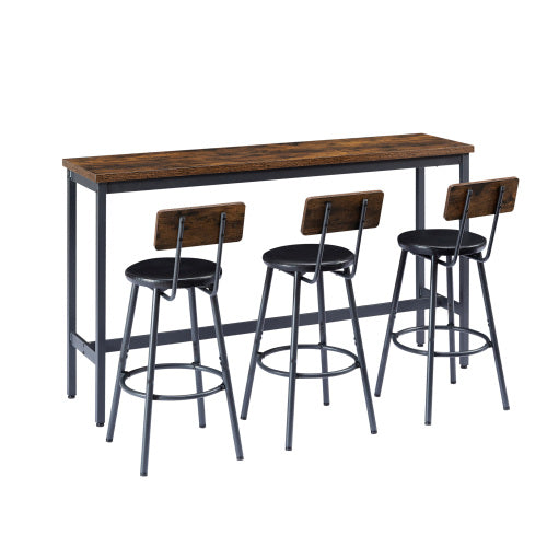 Long Bar Table Set with 3 PU Upholstered Bar Stools, Industrial Bar Table and Chairs for Kitchen Breakfast Table, Living Room, Banquet Hall, Rustic Brown and Black, 63¡åL x15.7inch W x 37.5inch H