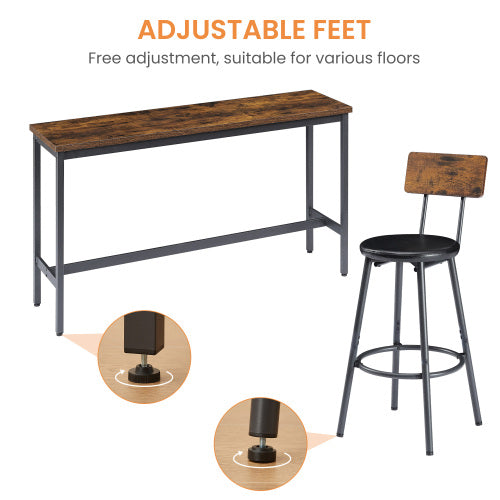 Long Bar Table Set with 3 PU Upholstered Bar Stools, Industrial Bar Table and Chairs for Kitchen Breakfast Table, Living Room, Banquet Hall, Rustic Brown and Black, 63¡åL x15.7inch W x 37.5inch H