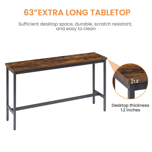 Long Bar Table Set with 3 PU Upholstered Bar Stools, Industrial Bar Table and Chairs for Kitchen Breakfast Table, Living Room, Banquet Hall, Rustic Brown and Black, 63¡åL x15.7inch W x 37.5inch H