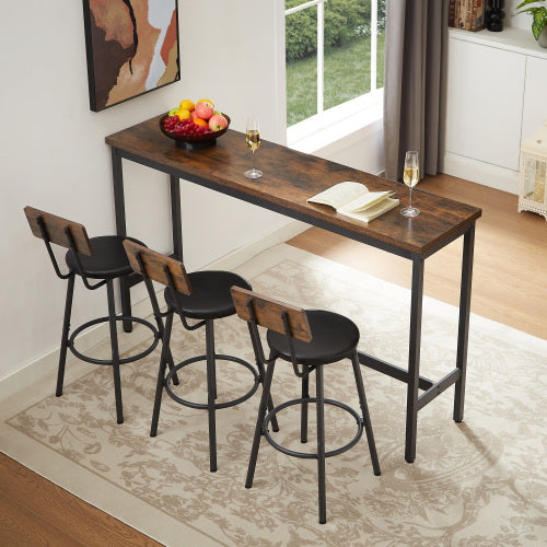 Long Bar Table Set with 3 PU Upholstered Bar Stools, Industrial Bar Table and Chairs for Kitchen Breakfast Table, Living Room, Banquet Hall, Rustic Brown and Black, 63¡åL x15.7inch W x 37.5inch H