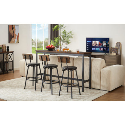 Long Bar Table Set with 3 PU Upholstered Bar Stools, Industrial Bar Table and Chairs for Kitchen Breakfast Table, Living Room, Banquet Hall, Rustic Brown and Black, 63¡åL x15.7inch W x 37.5inch H