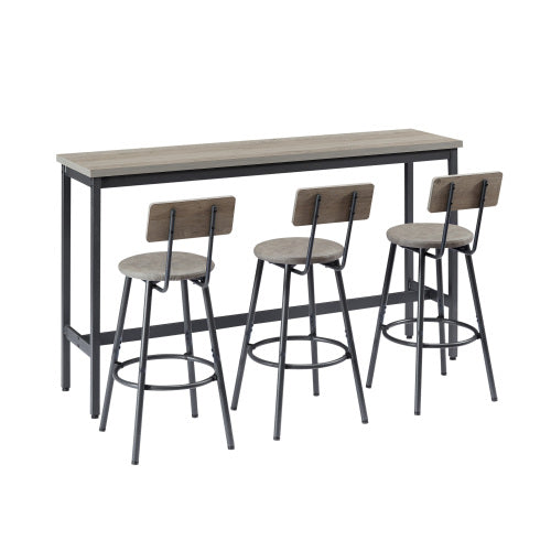 Long Bar Table Set with 3 PU Upholstered Bar Stools, Industrial Bar Table and Chairs for Kitchen Breakfast Table, Living Room, Banquet Hall, Rustic Gray and Black, 63¡åL x15.7inch W x 37.5inch H