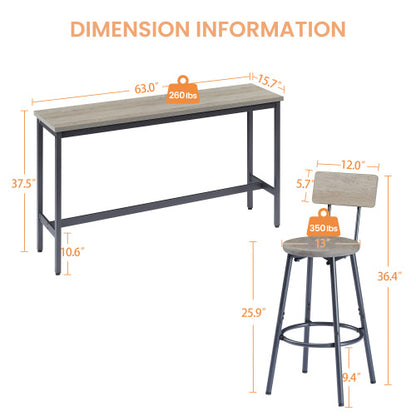 Long Bar Table Set with 3 PU Upholstered Bar Stools, Industrial Bar Table and Chairs for Kitchen Breakfast Table, Living Room, Banquet Hall, Rustic Gray and Black, 63¡åL x15.7inch W x 37.5inch H