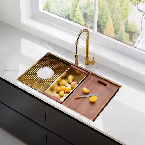 32 Gold Undermount Workstation Kitchen Sink-32 x 19 Inch 16 Gauge Stainless Steel Undermount Kitchen Sink