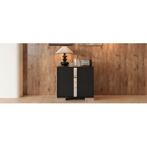 Elegant Nightstand with Metal Foot, Mirrored Bedside Table with 2 Drawers for Bedroom, Living Room, Black