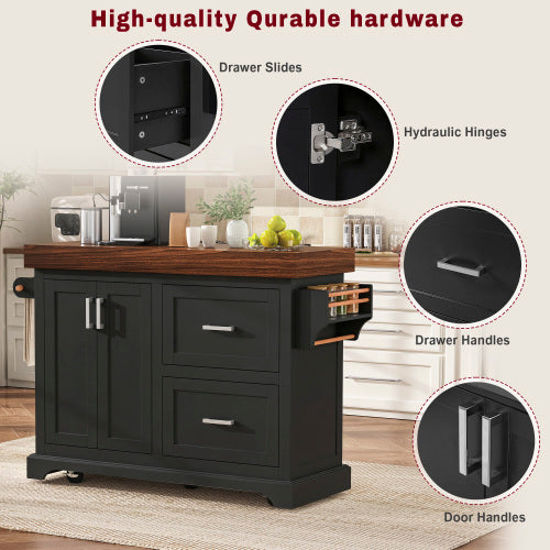53 Inch Rolling Kitchen Island with Thick Top Drawers & Spice Rack Black