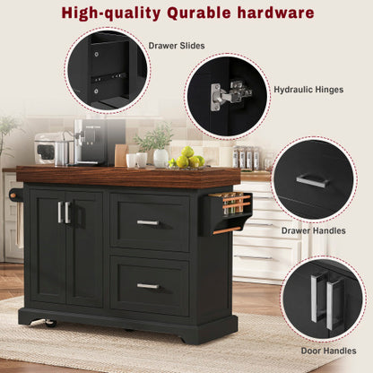 53 Inch Rolling Kitchen Island with Thick Top Drawers & Spice Rack Black