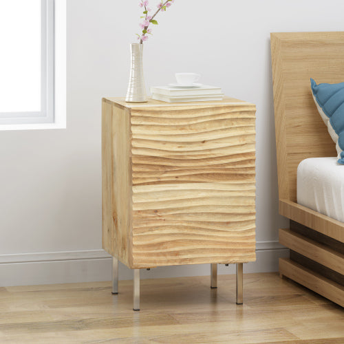 Modern Mango Wood Nightstand with Cabinet Door, 1 Shelf Bedside Table, Handmade Accent Side Table with Iron Legs