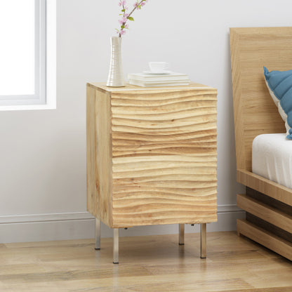 Modern Mango Wood Nightstand with Cabinet Door, 1 Shelf Bedside Table, Handmade Accent Side Table with Iron Legs