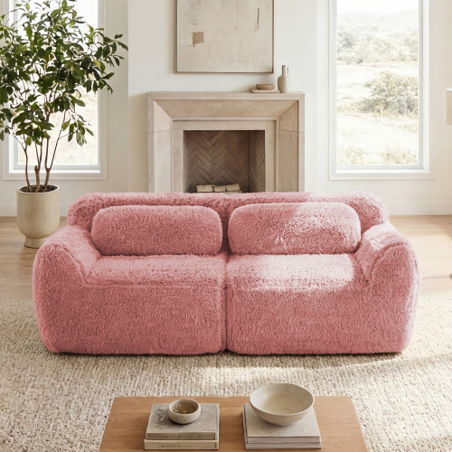 Pink 2-Seater Plush Modular Sofa,32D Sponge,Throw Pillows,No Assembly,Anti-Slip Base