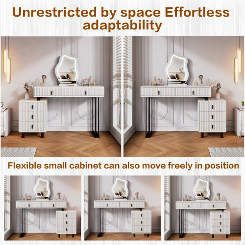 Adjustable-Length Vanity with Cloud LED Mirror - Modern Makeup Table with Storage Drawers & Side Cabinet, Ribbed Texture Design for Bedroom, Dorm & Small Spaces