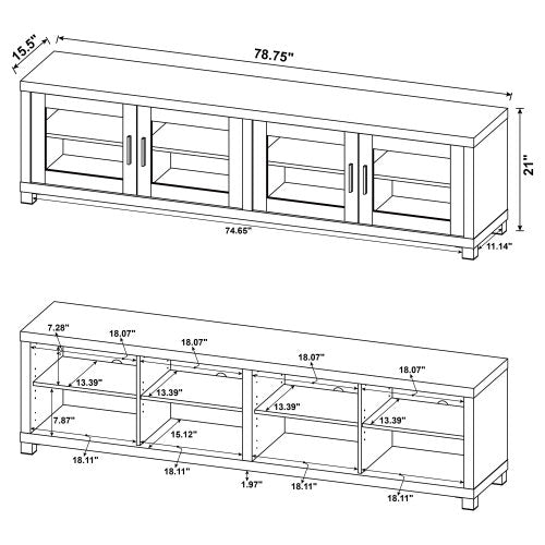 Distressed Pine 79 Inch Farmhouse Media Console, 4 Glass Door TV Stand Fits 85 Inch TV