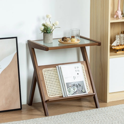 Boho Rattan Bamboo Glass Side Table with Storage, Brown