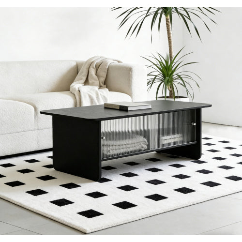47 Inch Modern Coffee Table with Fluted Glass Sliding Doors, Black