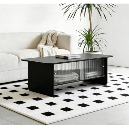 47 Inch Modern Coffee Table with Fluted Glass Sliding Doors, Black