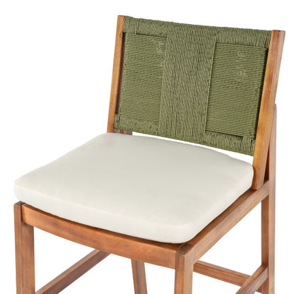 Outdoor Acacia Wood Bar Stools (Set of 2), Teak Finish Bar Height Chairs with Cream Cushion & Green Wicker Back, Counter Height Stools for Patio, Poolside, Kitchen Island