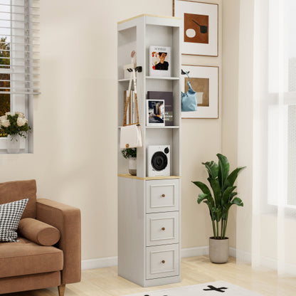 73 Inch Tall Slim Antique White Storage Cabinet 3 Drawers & Side Hooks Home Display Bookcase