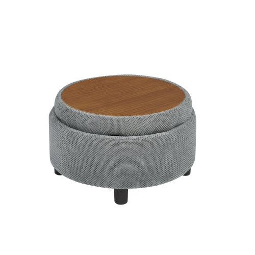 25 Inch Round Storage Ottoman, Light Grey Tufted Fabric