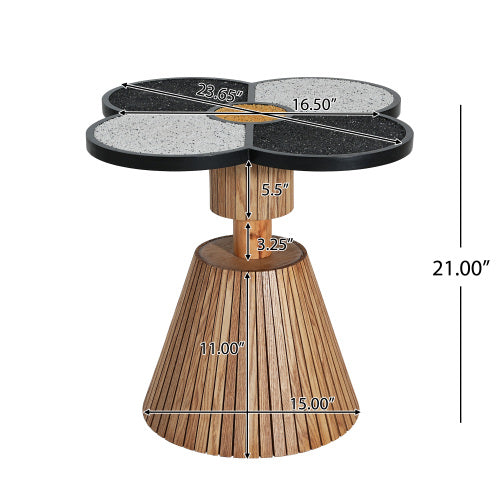 Four-Leaf Clover Decorative Side Table, Stone Texture Top Wood-Grain Base Accent Table