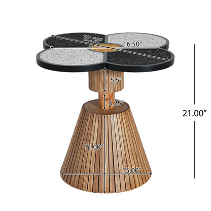 Four-Leaf Clover Decorative Side Table, Stone Texture Top Wood-Grain Base Accent Table