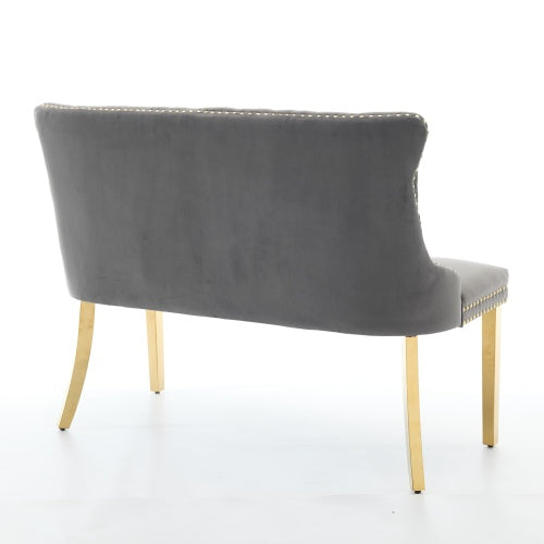 Velvet Double Dining Loveseat Bench, Kitchen & Dining Seating, 2-Seat Tufted Bench w/Handmade Buttons, Wing Back, Gold-Plated Steel Legs, Mid Century Modern,Single Pack,Gray,