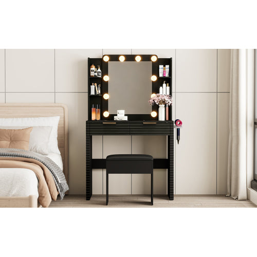 Makeup Vanity Desk with 10 Hollywood Bulbs, Fluted Dressing Table with Charging Station, 2 Drawers and 4 Open Shelves, Hairdryer Holder, Padded Stool with Storage , Black