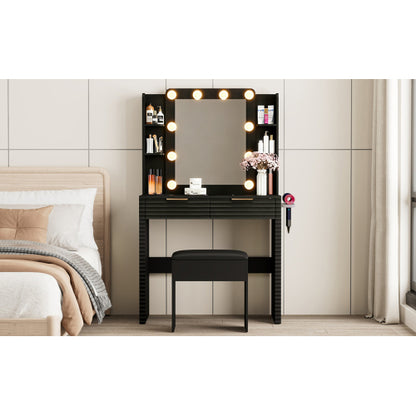 Makeup Vanity Desk with 10 Hollywood Bulbs, Fluted Dressing Table with Charging Station, 2 Drawers and 4 Open Shelves, Hairdryer Holder, Padded Stool with Storage , Black