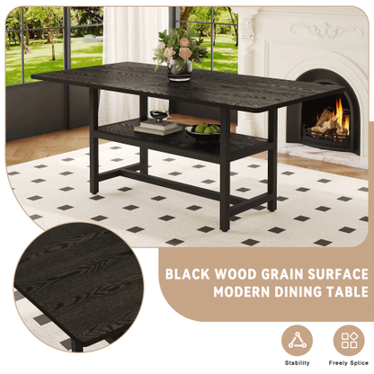 71-Inch Black Wood Grain Dining Table with Storage Shelf
