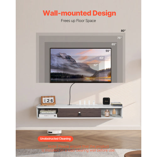 47 Inch White Floating Wall Mount TV Console, Particle Board Storage Cabinet with Cable Holes for TV