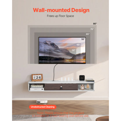 47 Inch White Floating Wall Mount TV Console, Particle Board Storage Cabinet with Cable Holes for TV
