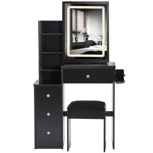 29.2" Small Size Left Bedside Cabinet Vanity Table + Cushioned Stool, 2 AC+2 USB Power Station, Hair dryer bracket, Extra Large Touch Control Sliding LED Mirror, Tri-color Switching, Brightness Adjust