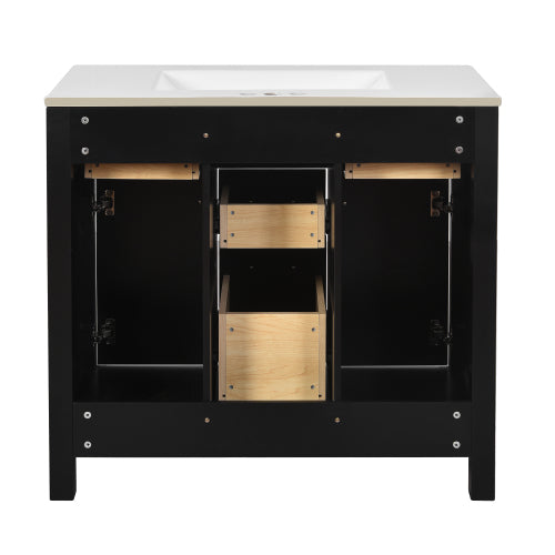 36'' Bathroom Vanity with Ceramic Sink Combo Set,Modern Freestanding Single Bathroom Cabinet with 4 Drawers & 2 Cabinets,Storage Cabinet for Bathroom, Solid Wood Frame Vanity Set, Black