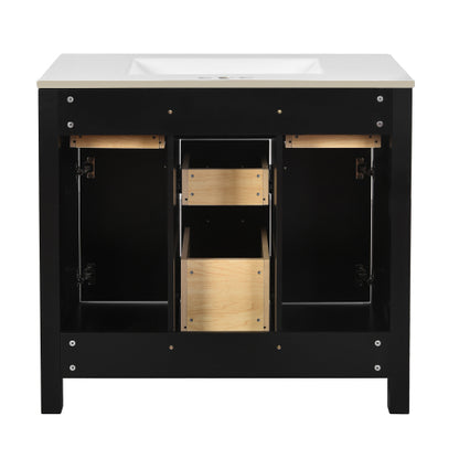 36'' Bathroom Vanity with Ceramic Sink Combo Set,Modern Freestanding Single Bathroom Cabinet with 4 Drawers & 2 Cabinets,Storage Cabinet for Bathroom, Solid Wood Frame Vanity Set, Black