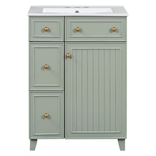 24-Inch Bathroom Vanity Cabinet with Ceramic Sink, 2 Drawers, 1 Door
