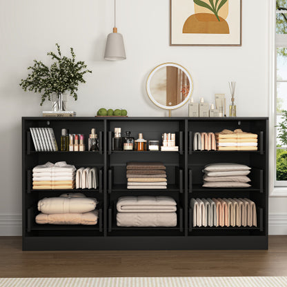 Black 9 Drawer Dresser, 63" Large Deep Chest of Drawers, Wooden Dresser Storage Cabinet with 9 Drawers for Bedroom, Long Dressers for Living Room, Hallway, Drawer panel with wavy patterns
