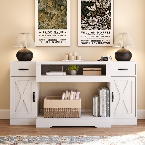 White Farmhouse 65 inch TV Stand with Adjustable Shelves and Storage