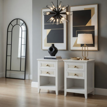 Set of 2 White Rattan Boho Nightstands